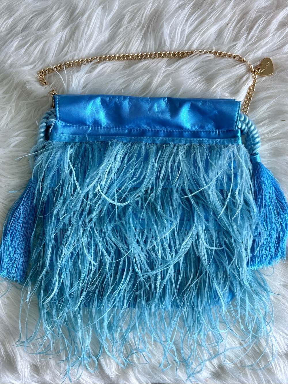 Twinset Milano Blue Feather Evening Bag with Gold Chain